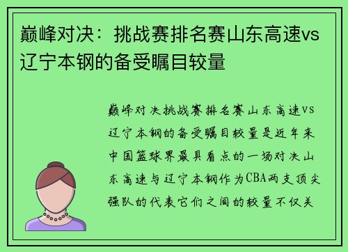 巅峰对决:挑战赛排名赛山东高速vs辽宁本钢的备受瞩目较量